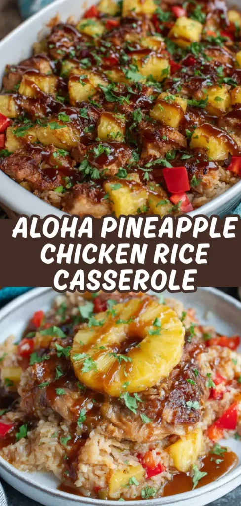 Aloha pineapple chicken rice casserole shown in a baking dish and a plated serving with tender chicken pineapple chunks red peppers rice drizzled in barbecue sauce and garnished with fresh herbs and a pineapple ring.