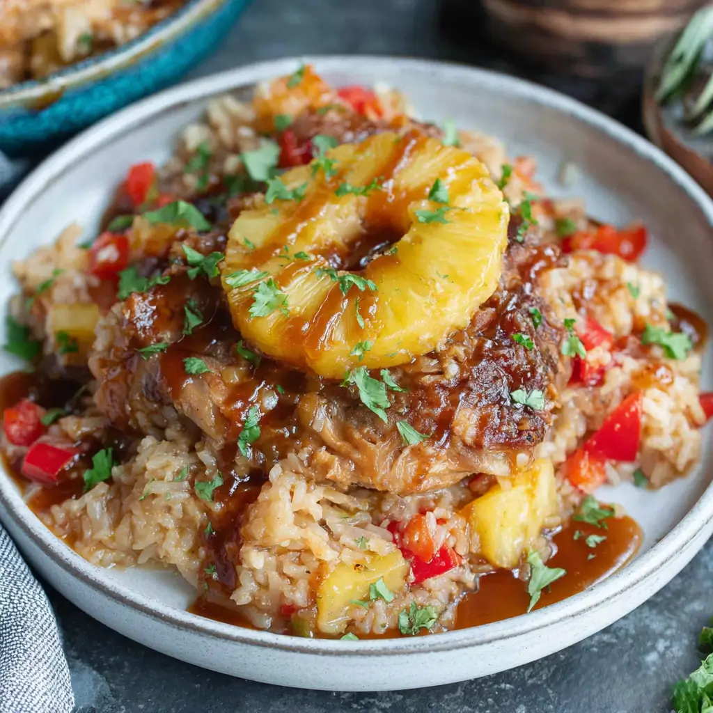 Plated serving of aloha pineapple chicken rice casserole featuring tender chicken rice pineapple chunks red peppers all generously drizzled with glossy barbecue sauce and topped with a grilled pineapple ring and fresh herbs.