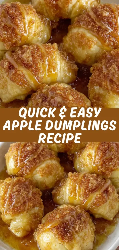Golden apple dumplings baked to perfection in a sweet cinnamon sugar crust and drizzled with rich caramel sauce pooling at the bottom.