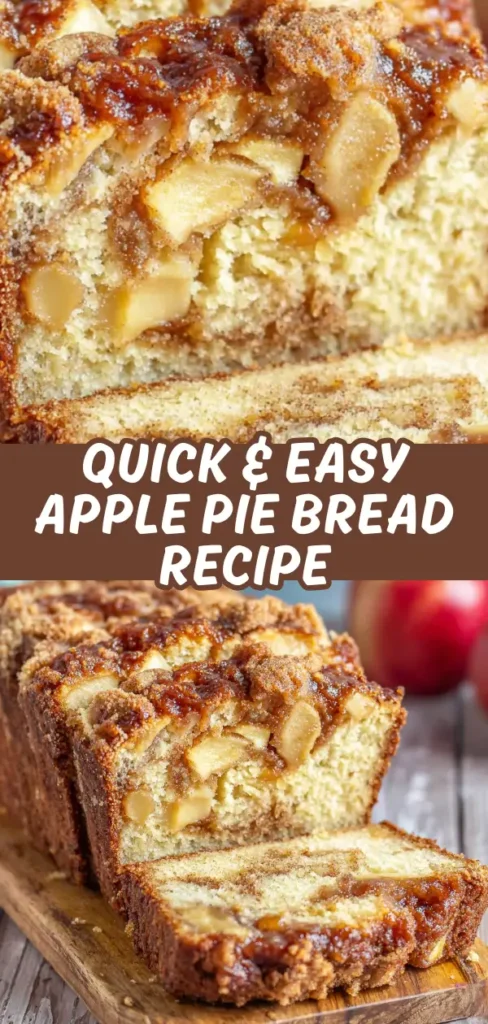 Apple pie bread sliced to reveal tender crumb packed with apple chunks, caramel swirls, and cinnamon crumb topping.
