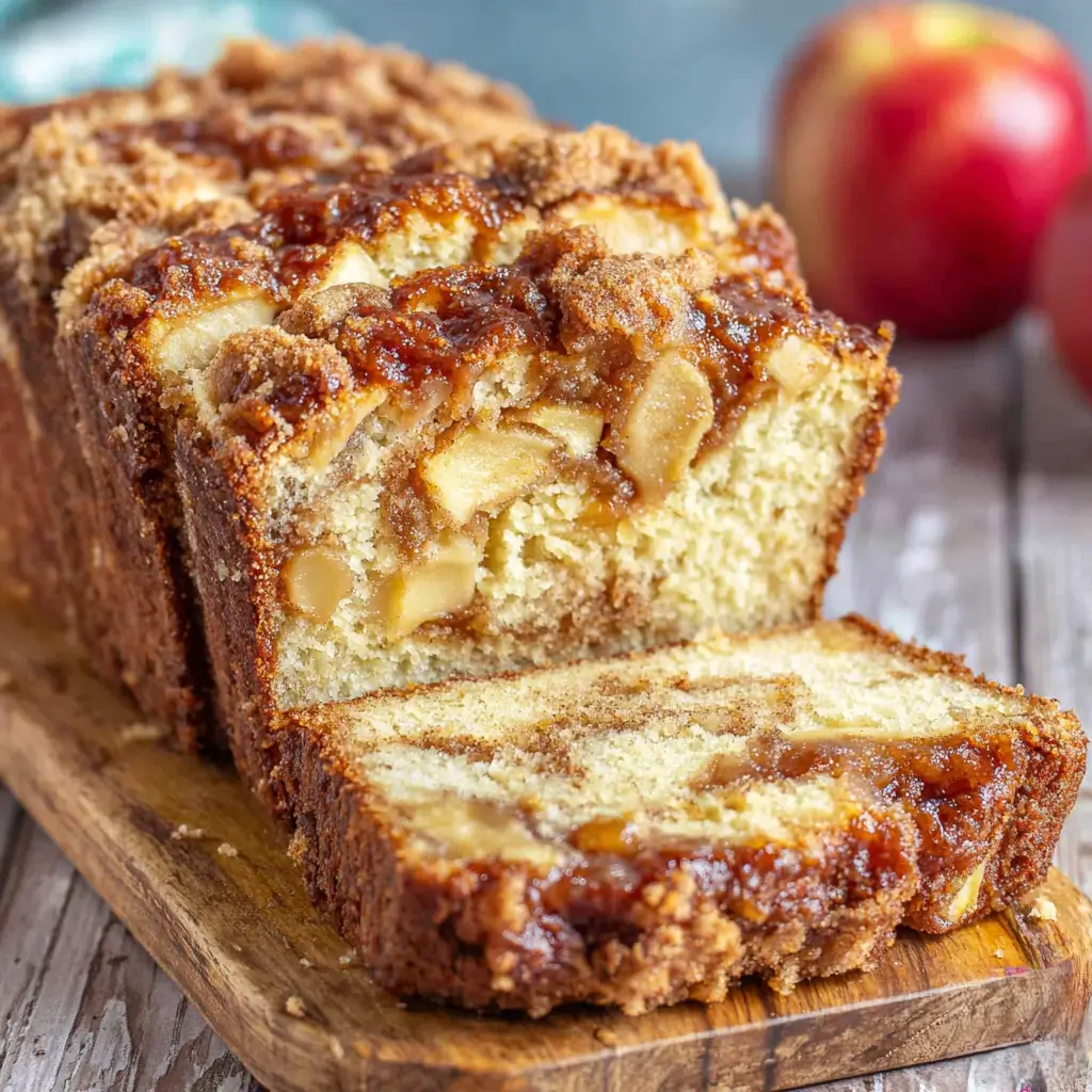 Apple pie bread loaf sliced to show tender crumb filled with apple chunks, caramel swirls, and cinnamon crumb topping.