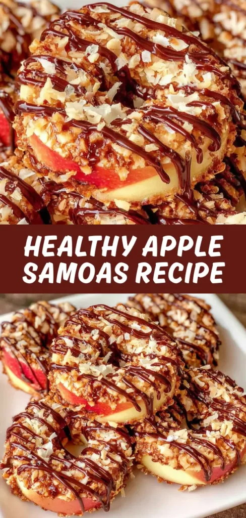 Apple Samoas with apple slices coated in caramel, toasted coconut, chopped nuts, and dark chocolate drizzle on a white plate.