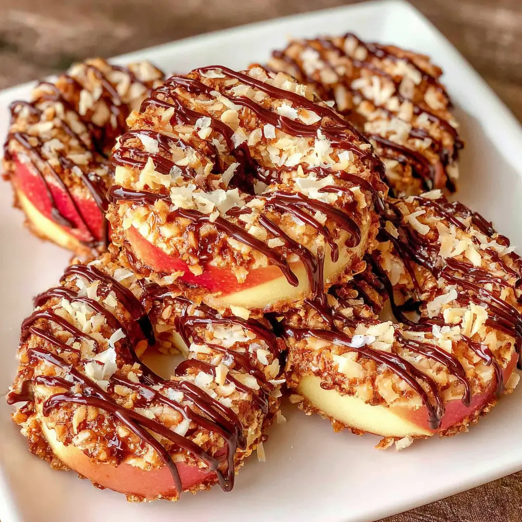 Apple Samoas with red apple slices coated in caramel, toasted coconut, chopped nuts, and dark chocolate drizzle.