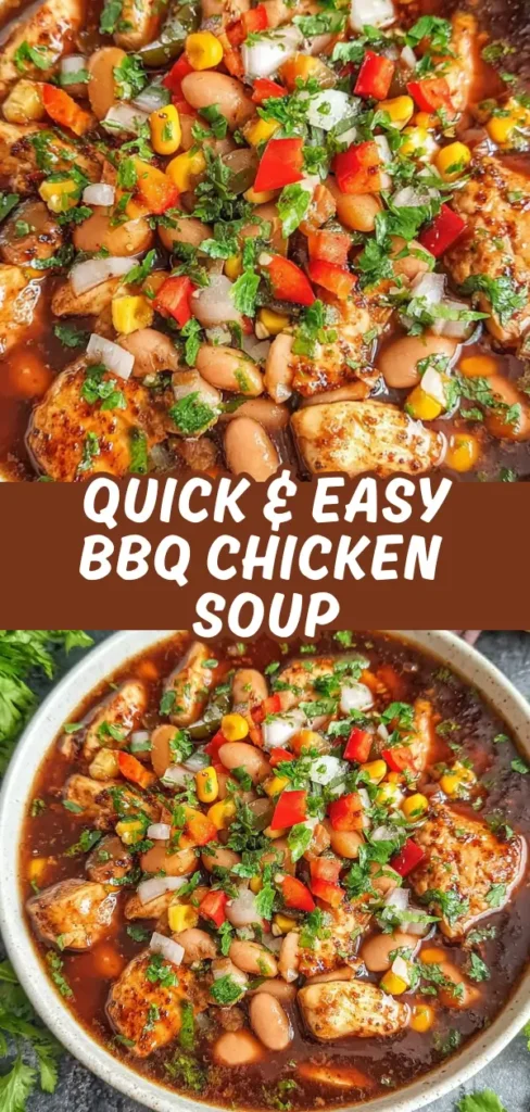 BBQ chicken soup in a bowl loaded with tender chicken pieces white beans sweet corn diced red peppers onions and fresh cilantro in a rich savory broth.