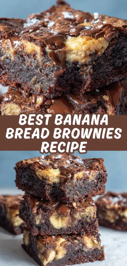 Banana bread brownies stacked with fudgy dark chocolate layers, banana chunks, melted chocolate drizzle, and flaky sea salt.