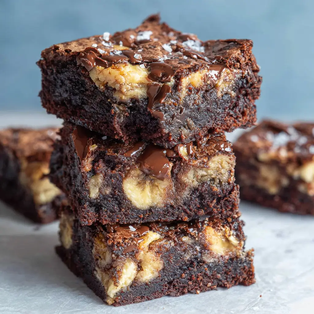 Banana bread brownies stacked with fudgy chocolate base, banana pieces, chocolate chunks, and flaky sea salt on top.