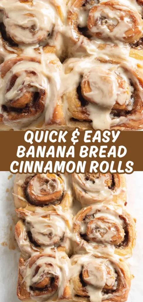 Banana bread cinnamon rolls in a pan with swirled dough, cinnamon sugar filling, and thick cream cheese icing drizzled generously.