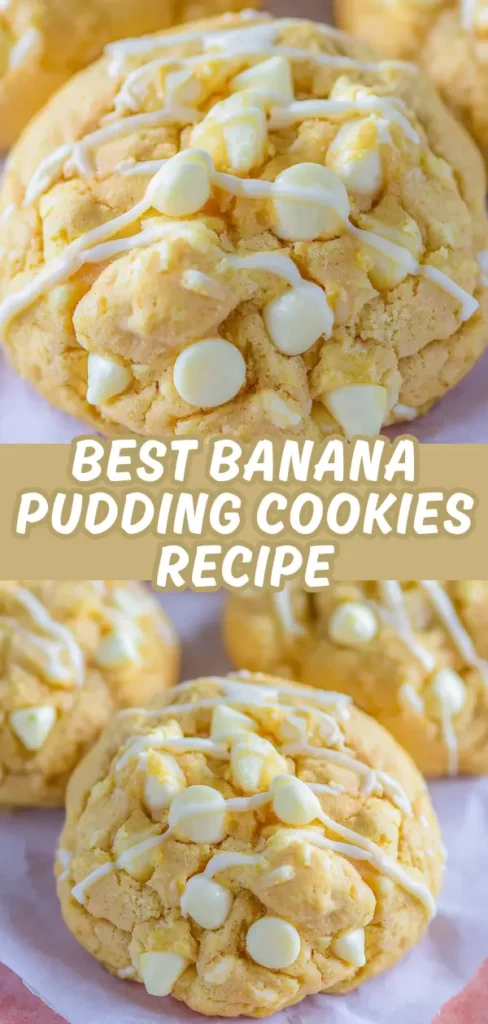 Banana pudding cookies with white chocolate chips and drizzle.
