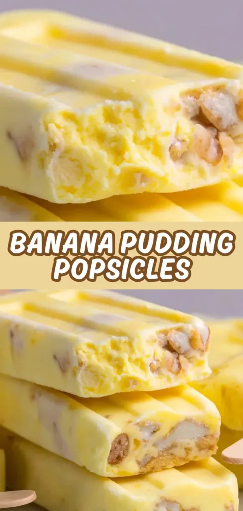Banana pudding popsicles stacked with creamy yellow layers and visible chunks of vanilla wafers inside.