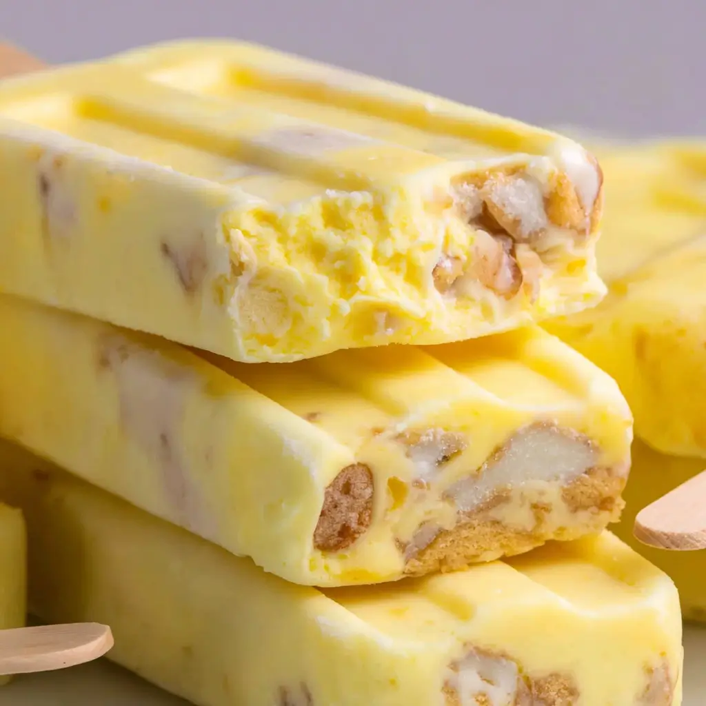 Banana pudding popsicles stacked and bitten into, showing creamy yellow layers with vanilla wafers and banana pieces.