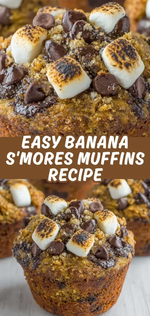 Banana s'mores muffins with toasted marshmallows, chocolate chips, and crunchy sugar topping on golden brown muffin bases.