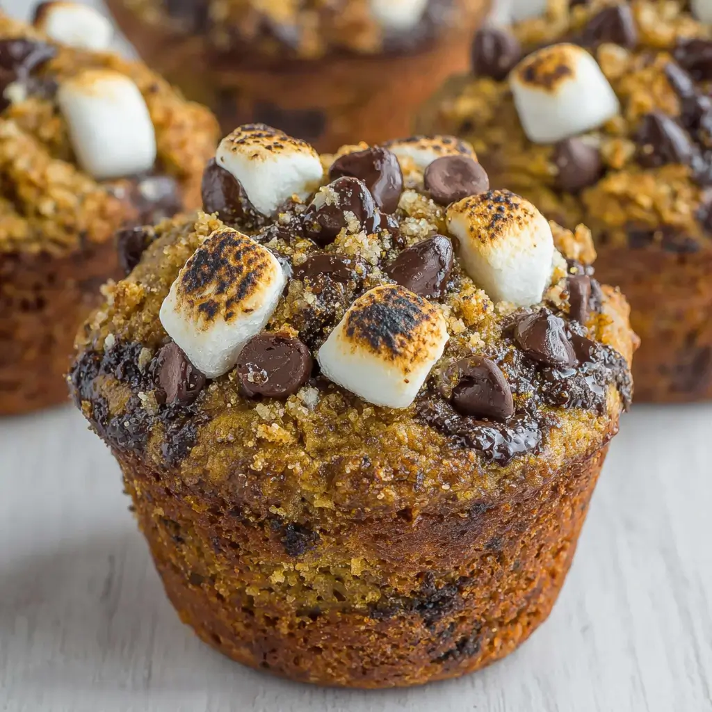 Banana s'mores muffins with golden brown tops loaded with toasted marshmallows, chocolate chips, and a crunchy sugar sprinkle.