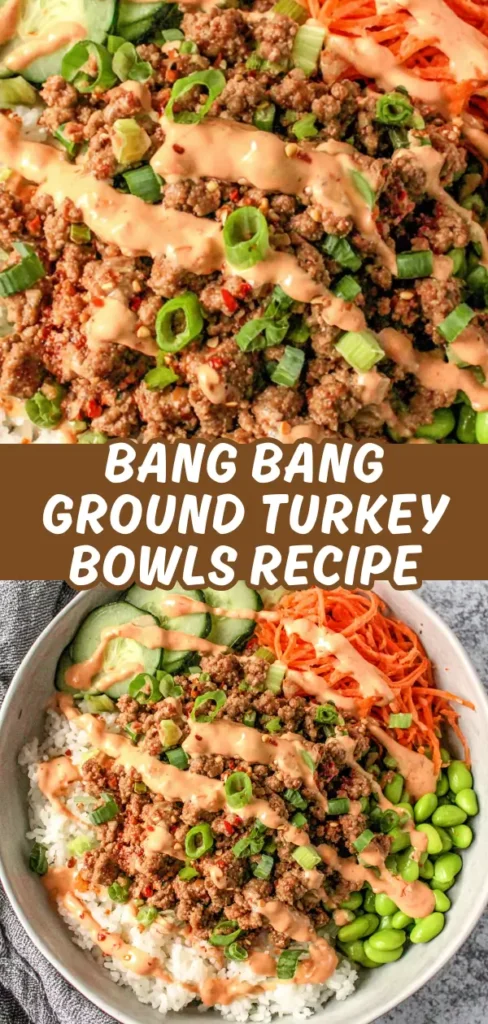 Bang Bang ground turkey bowls with white rice, seasoned ground turkey, edamame, shredded carrots, cucumber slices, and creamy bang bang sauce.