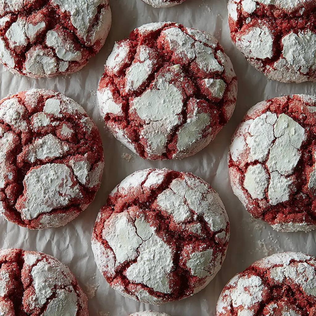 A close-up view of several crinkle cookies with a cracked surface, dusted with powdered sugar, featuring a vibrant red color with darker cracks revealing the interior.