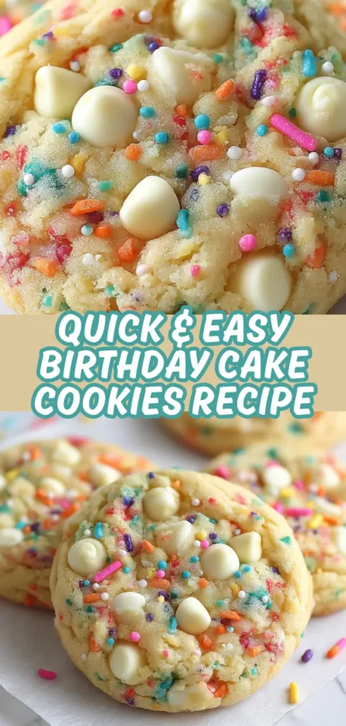 Birthday cake cookies with soft golden dough loaded with white chocolate chips and vibrant rainbow sprinkles.