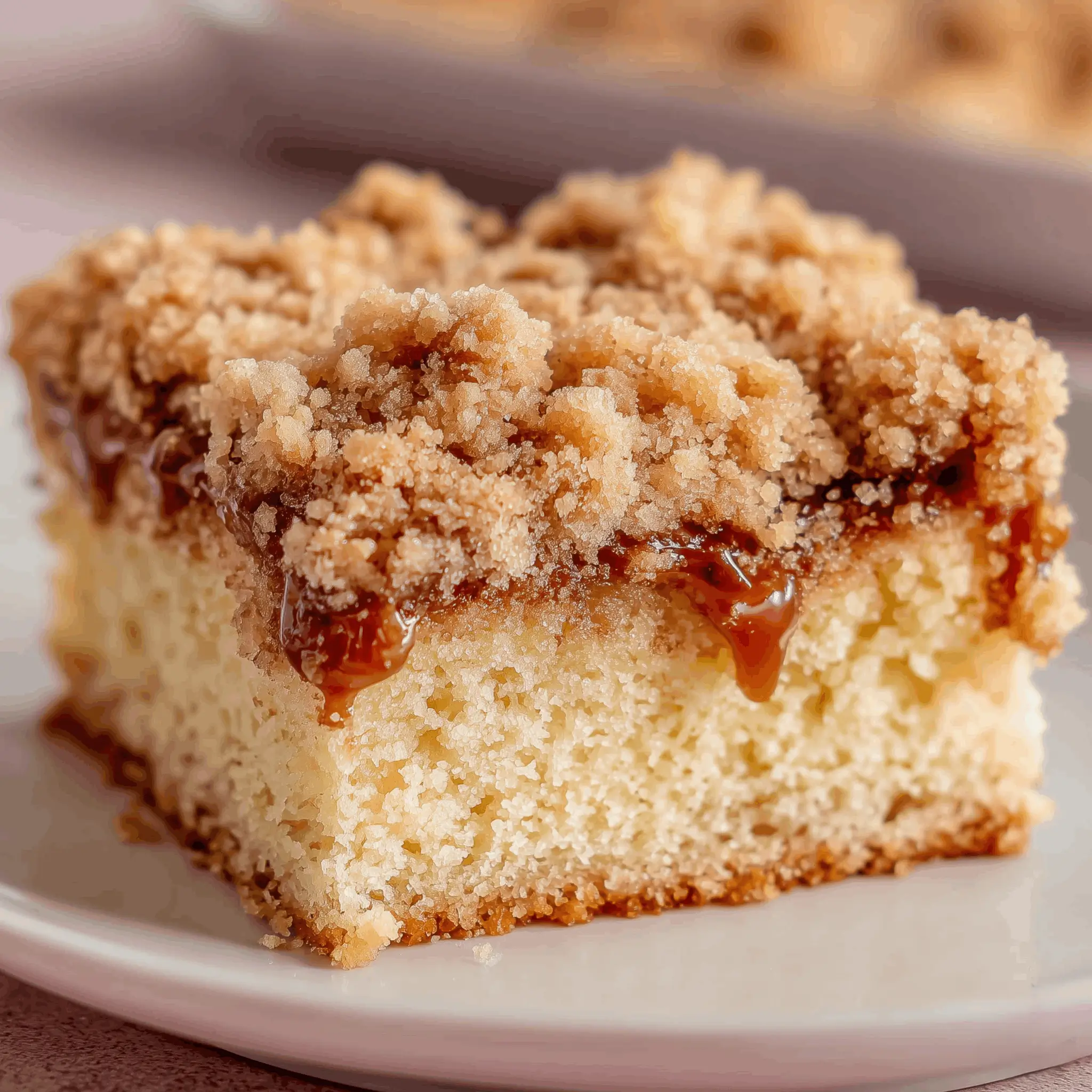 Bisquick coffee cake slice with soft yellow cake, gooey cinnamon swirl, and buttery crumb topping drizzled with caramel.