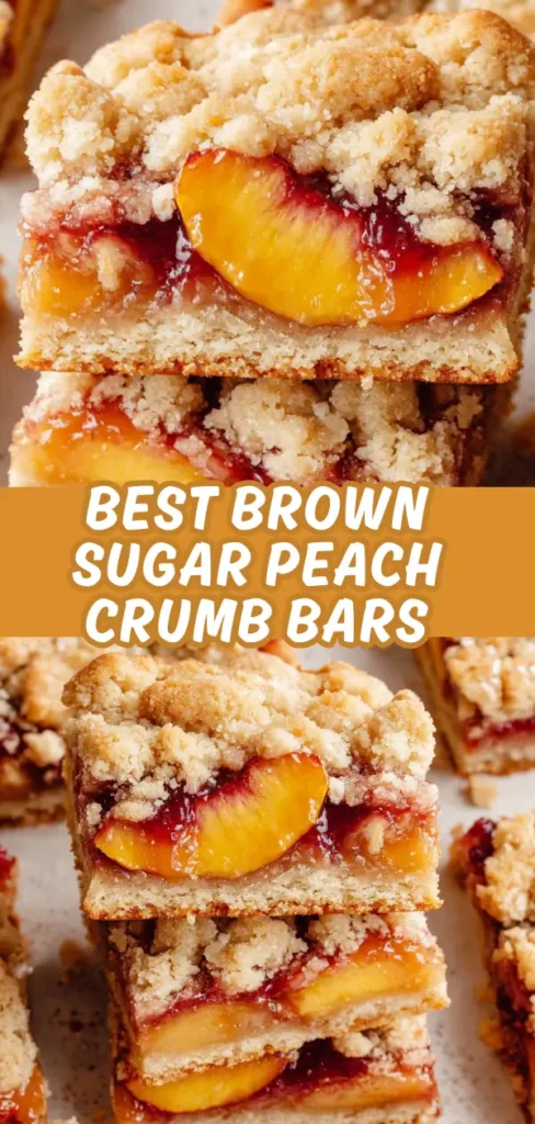 Stacked brown sugar peach crumb bars showing layers of buttery crust, juicy peach filling, and golden streusel.