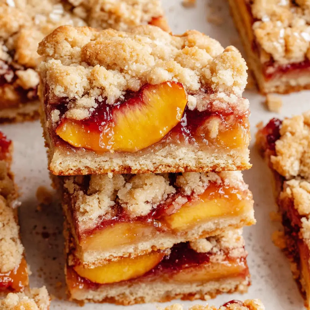 Buttery brown sugar peach crumb bars layered with juicy peach slices and a sweet streusel topping.