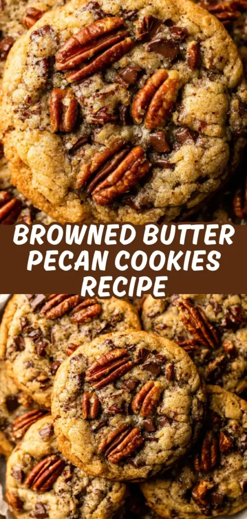 Browned butter pecan cookies piled high with golden toasted pecans, chunks of dark chocolate, and a soft chewy texture.