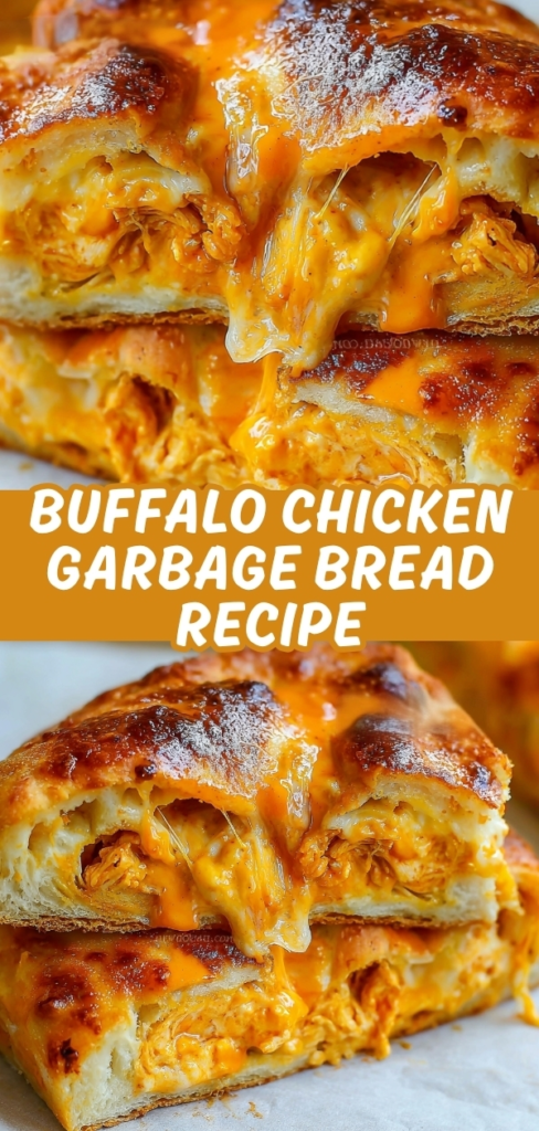 Buffalo chicken garbage bread sliced to show layers of fluffy dough stuffed with spicy shredded chicken and gooey melted cheese.