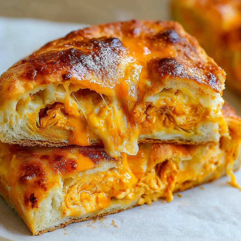Buffalo chicken garbage bread sliced open to reveal gooey melted cheese and tender shredded buffalo chicken inside golden baked dough.