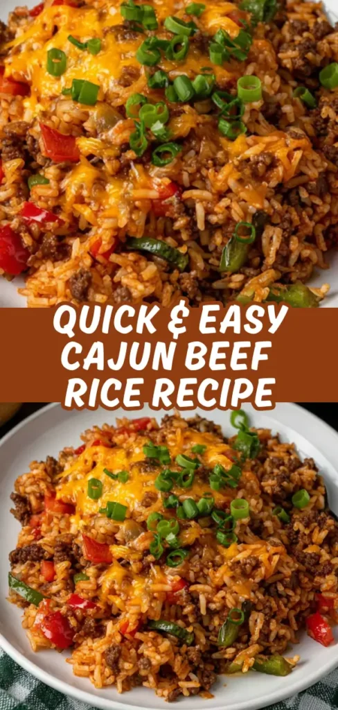 Cajun beef rice served in a white bowl with seasoned ground beef colorful bell peppers topped with melted cheddar cheese and fresh sliced green onions.