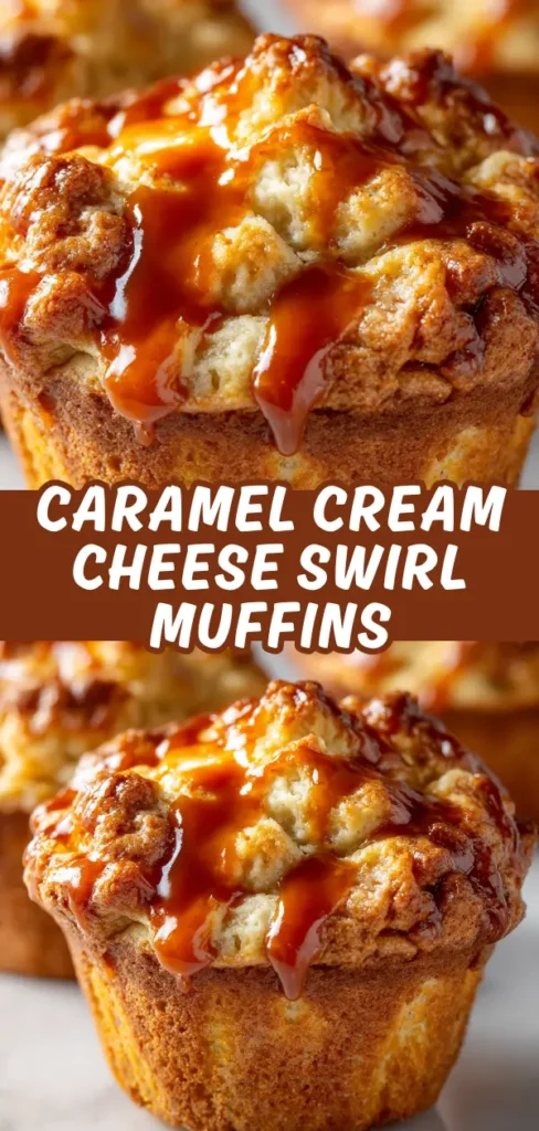 A close-up of a caramel cream cheese swirl muffin topped with caramel drizzle.