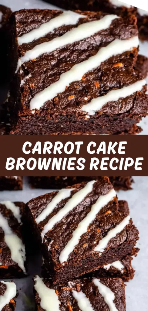 Carrot cake brownies stacked with fudgy chocolate layers, visible carrot shreds, and white cream cheese frosting drizzled across the top.