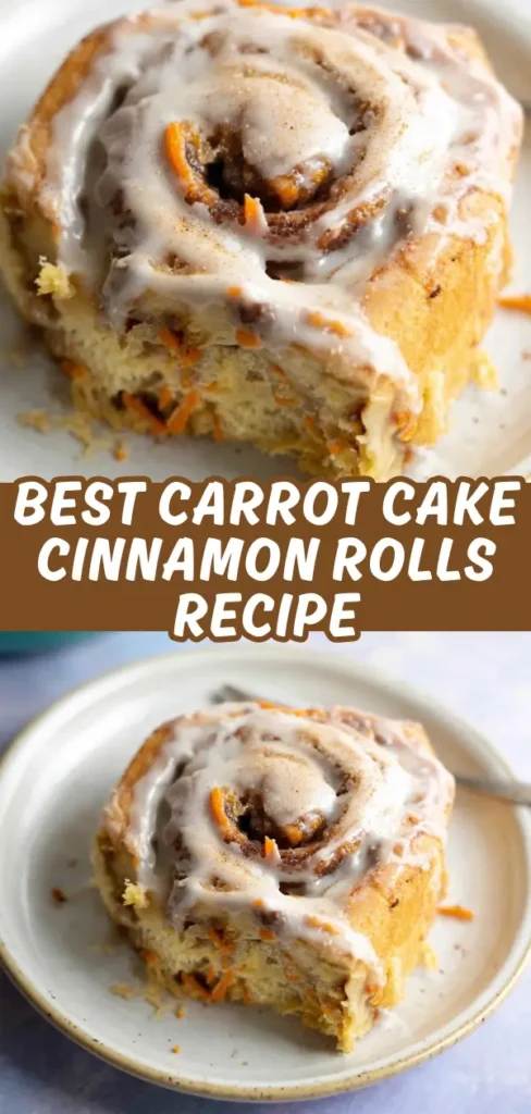 A slice of carrot cake cinnamon roll with cream cheese glaze on a white plate, showcasing the swirled pastry with visible carrot bits and a drizzle of frosting.
