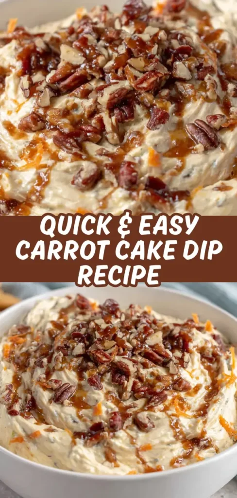 arrot cake dip in a white bowl, creamy base swirled with shredded carrots, chopped pecans, and drizzled with caramel.