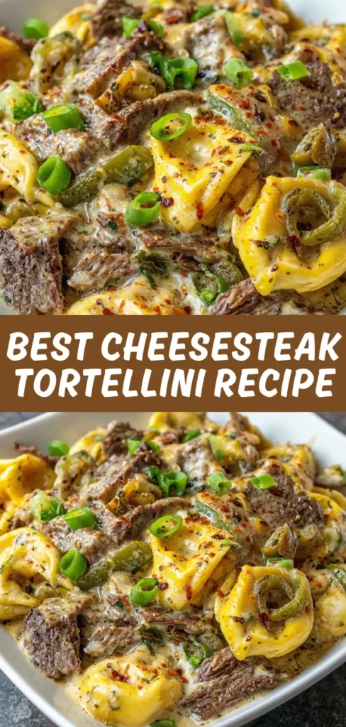 A close-up of a cheesy tortellini and beef casserole garnished with chopped green onions, showing tender beef, pasta, and melted cheese in a creamy sauce.