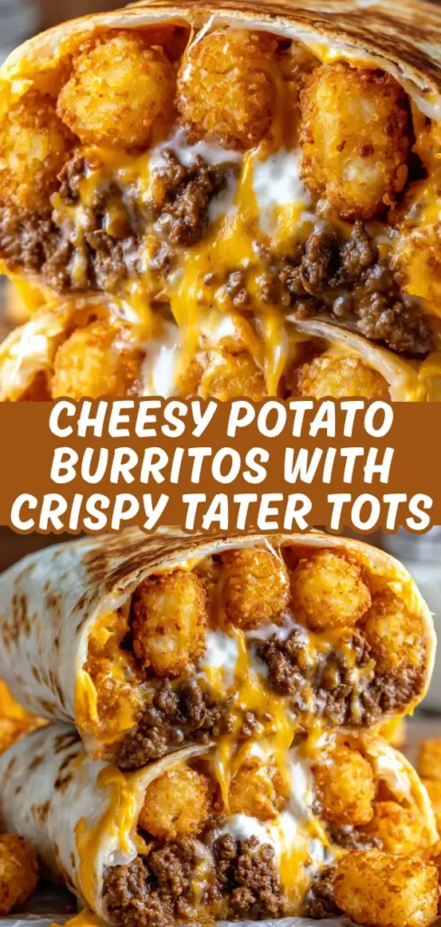 Cheesy potato burritos with crispy tater tots, seasoned ground beef, and plenty of melted cheddar and white cheese.