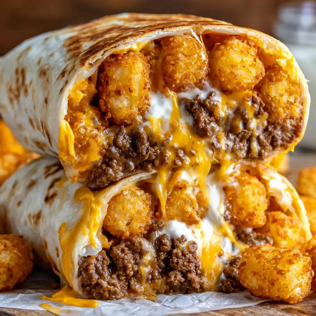 Cheesy potato burritos stuffed with seasoned ground beef, crispy tater tots, and gooey melted cheese.