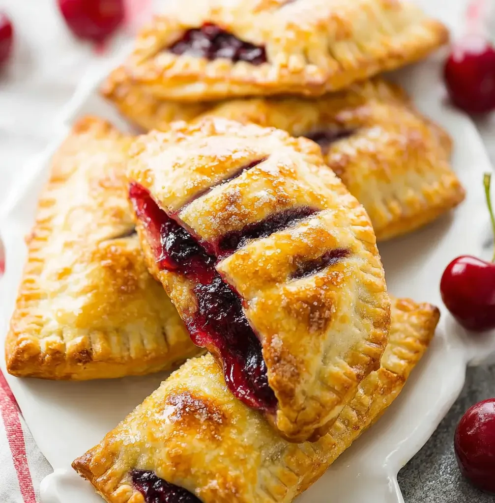 Freshly baked cherry hand pies with golden, flaky crusts, filled with vibrant red cherry filling, sprinkled with sugar, and arranged on a white serving platter with whole cherries around.