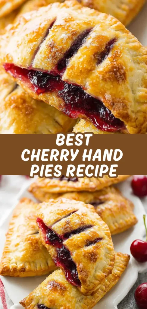 Close-up of freshly baked cherry hand pies with golden, flaky crusts, filled with vibrant red cherry filling, sprinkled with sugar, and arranged on a white serving platter with whole cherries around.