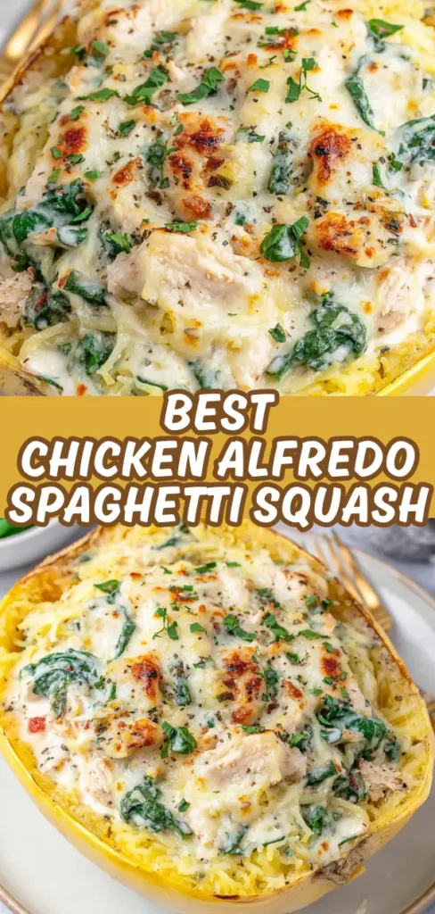 Two close-up shots of chicken Alfredo spaghetti squash boats loaded with creamy sauce, spinach, golden cheese, and fresh herbs.