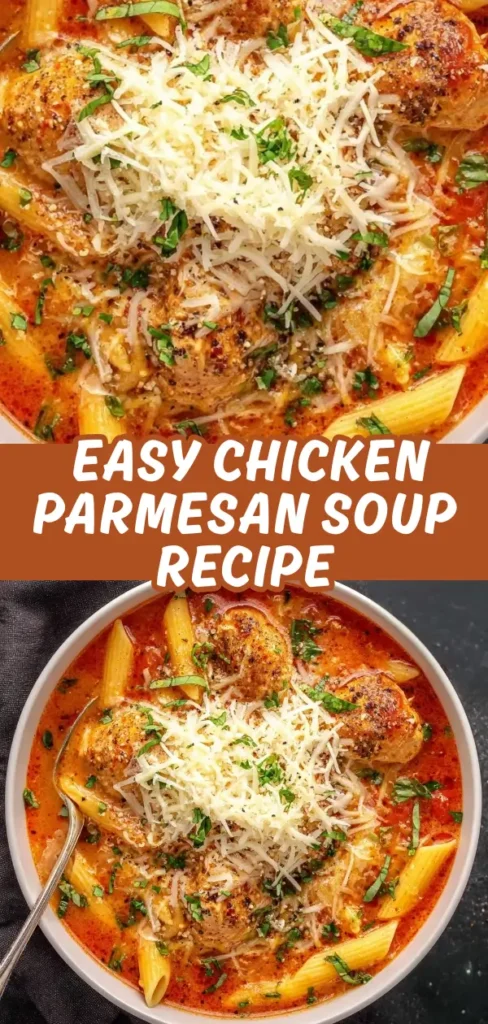 Chicken parmesan soup shown in two views with penne pasta chicken meatballs in a rich tomato broth topped generously with shredded mozzarella fresh basil and black pepper.