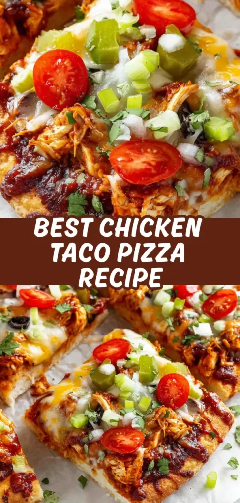 Chicken taco pizza slices loaded with tender shredded chicken, melted cheese, fresh tomatoes, green onions, and cilantro.