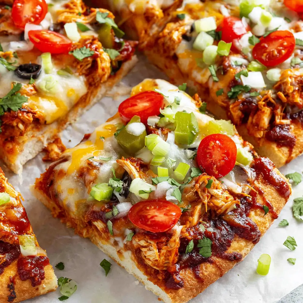 Chicken taco pizza slices topped with shredded chicken, melted cheese, cherry tomatoes, green onions, and fresh cilantro.