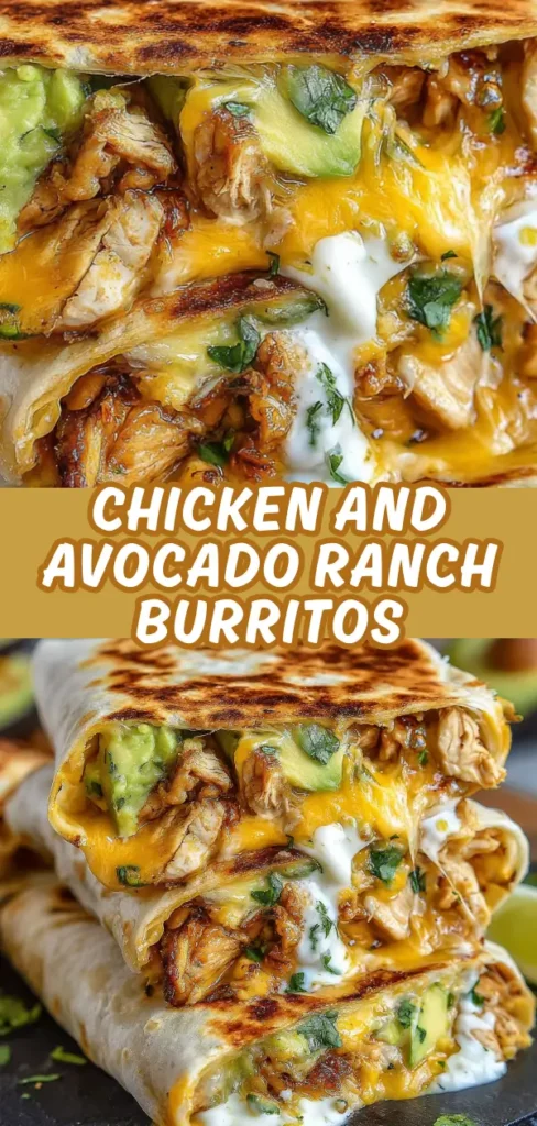 Chicken and avocado ranch burritos stacked with toasted tortillas, shredded chicken, melted cheese, avocado chunks, and creamy ranch sauce.