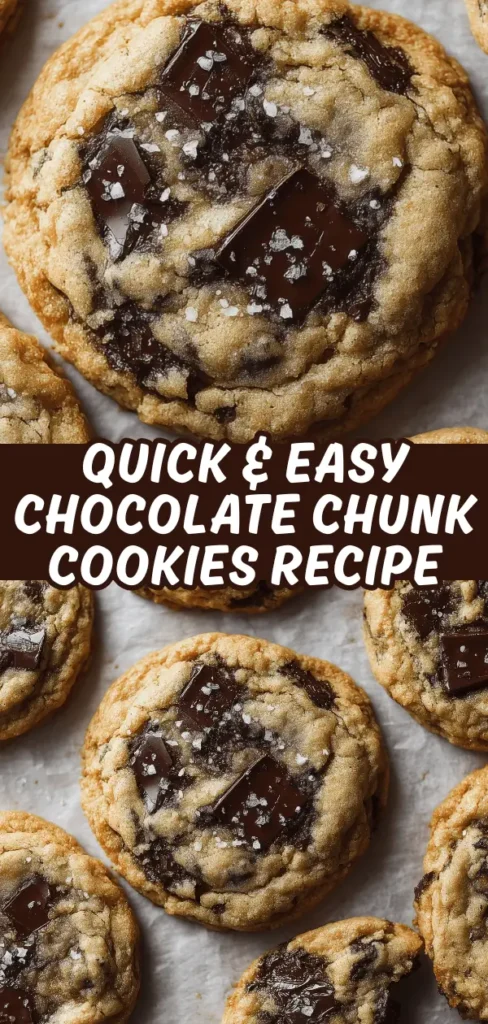 Chocolate chunk cookies with golden edges, soft centers, large dark chocolate chunks, and flaky sea salt on top.