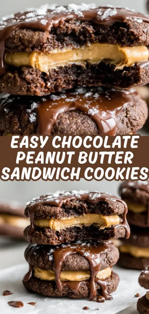 Chocolate peanut butter sandwich cookies stacked with fudgy dark chocolate cookies, creamy peanut butter filling, and glossy chocolate ganache drizzle.