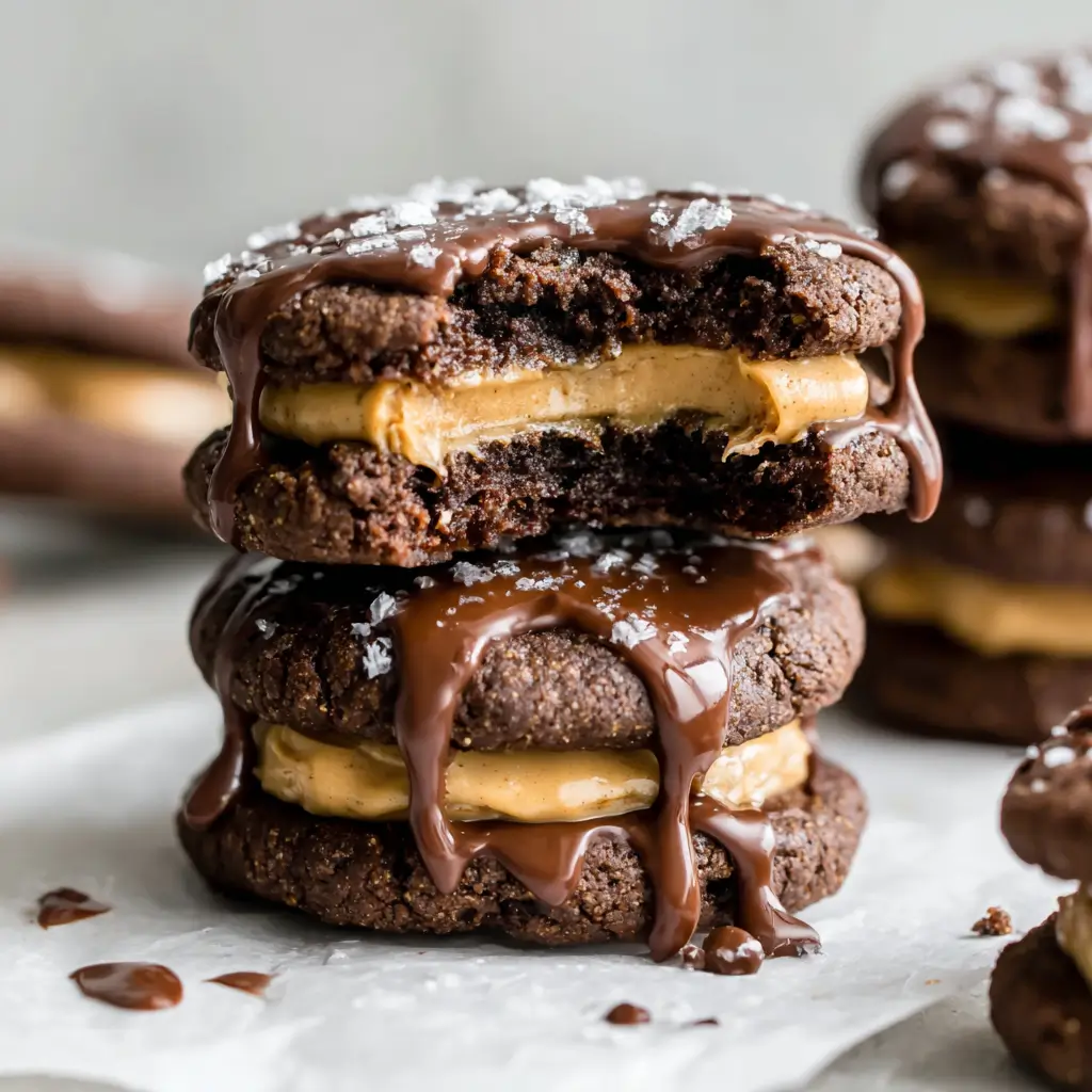 Chocolate peanut butter sandwich cookies stacked with dark chocolate cookies, creamy peanut butter filling, chocolate ganache drizzle, and flaky sea salt.