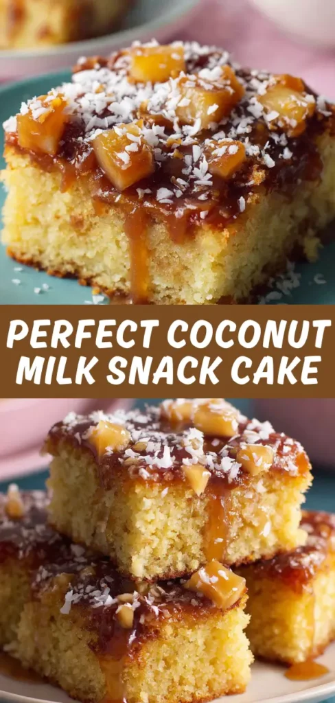 Coconut milk snack cake squares with moist yellow cake base, caramel drizzle, coconut flakes, and caramel pieces on top.