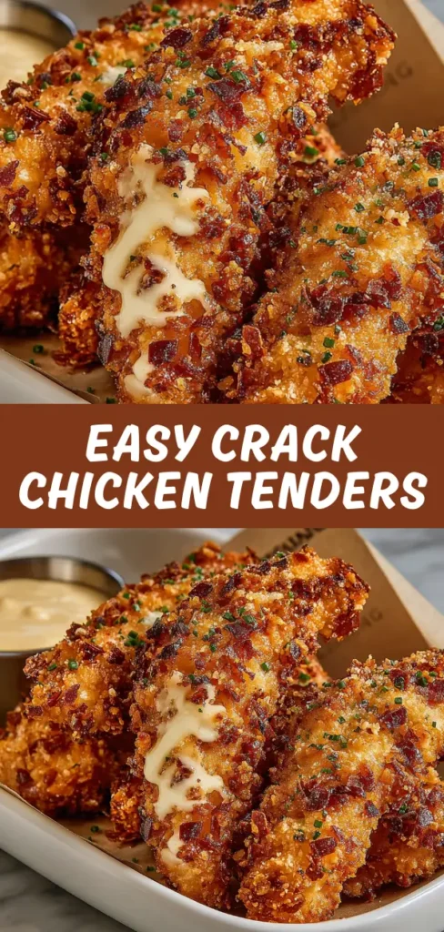 Crispy crack chicken tenders coated in crunchy breadcrumbs and bacon bits with melty cheese oozing from the center.