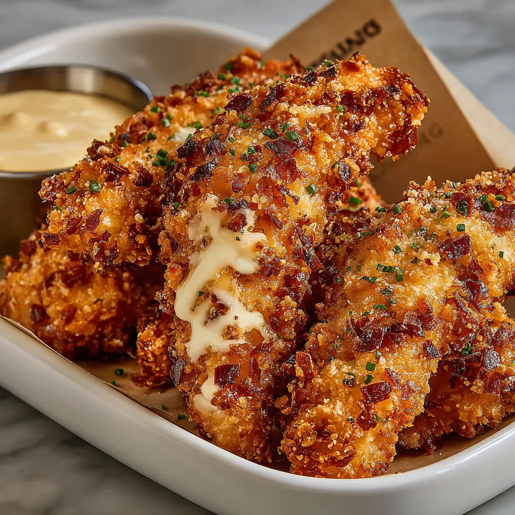Crispy crack chicken tenders coated in crunchy breadcrumbs and bacon bits, with gooey melted cheese oozing out.