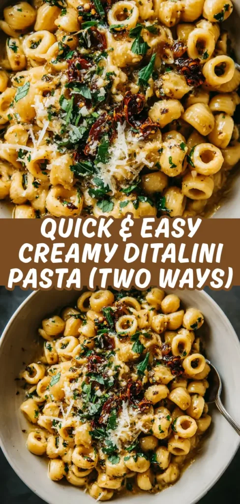 Creamy ditalini pasta topped with sun-dried tomatoes, fresh parsley, and grated parmesan cheese in a white bowl.