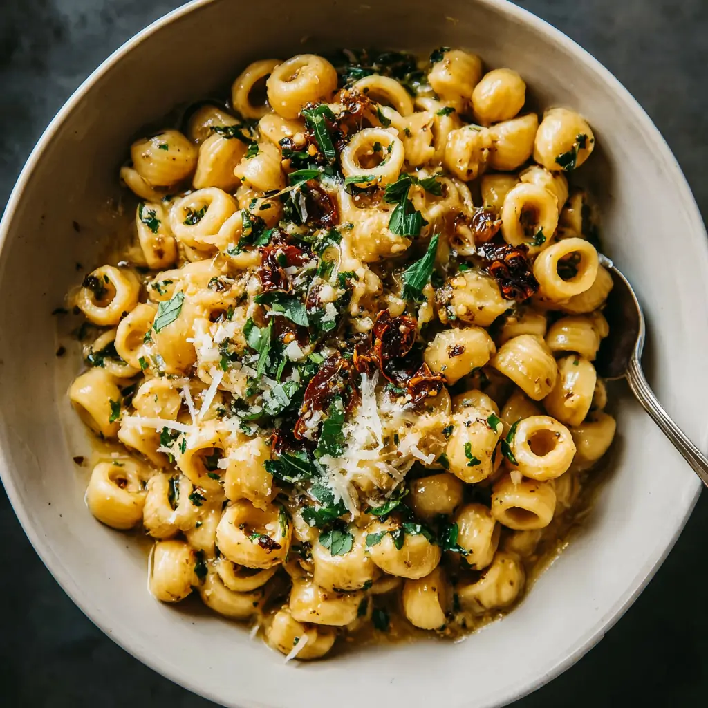 Creamy ditalini pasta tossed in a rich sauce with sun-dried tomatoes, fresh herbs, and grated parmesan cheese.