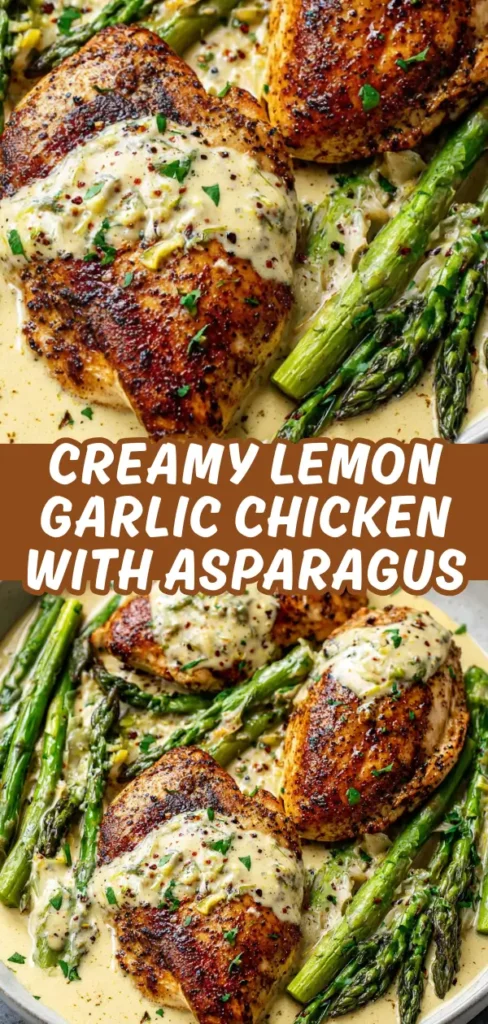 Juicy seared chicken breasts smothered in rich creamy lemon garlic sauce, served with vibrant asparagus spears and sprinkled with fresh herbs.