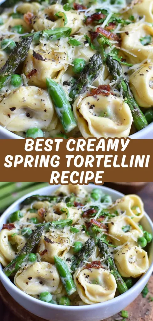 Creamy spring tortellini pasta in a white bowl filled with cheese tortellini fresh asparagus green peas crispy bacon shreds parmesan and black pepper.